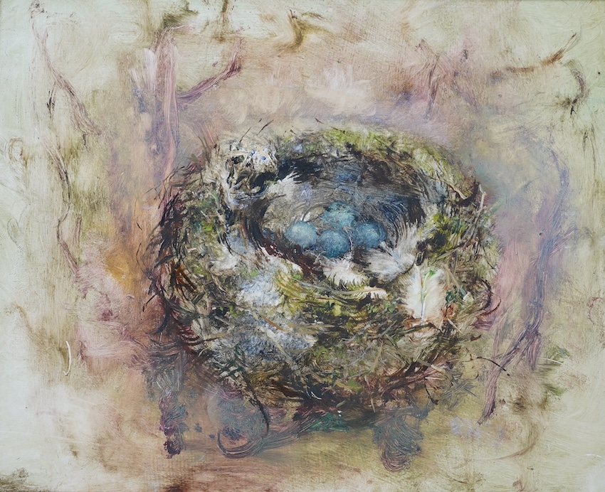 From the Studio of Fred Cuming. Terence Pilcher (20th. C), Contemporary oil on board, Still life of a bird’s nest, unsigned, inscribed verso, 16.5 x 20cm. Condition - good